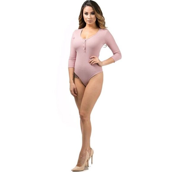 Women's Casual 3/4 Sleeve Front Button Ribbed Henley Deep V-Neck Bodysuit S,M,L - Picture 6 of 6